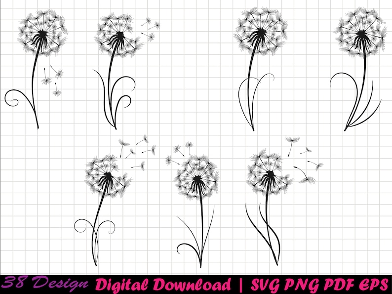 May include: A set of eight black and white dandelion illustrations. The dandelions are in various stages of bloom, with some having seeds that are blowing away in the wind.