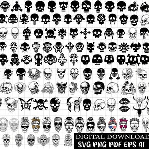Paquete de cráneo svg, archivos png de cráneo, cráneos de azúcar svg, imágenes prediseñadas de cráneo, Svg para cricut, Descarga instantánea