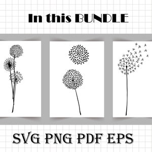 May include: Three black and white dandelion illustrations. The first illustration shows a dandelion with three seed heads. The second illustration shows a single dandelion with a closed seed head. The third illustration shows a dandelion with seeds blowing in the wind.  This bundle includes SVG, PNG, PDF, and EPS files.