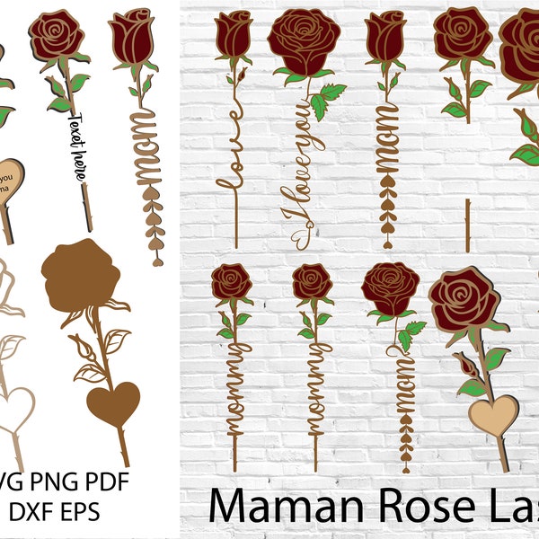 Archivo de corte láser mamá rosa, paquete láser svg del día de la madre, archivo de corte láser rosa, nombre de rosa de madera svg, paquete de rosas del día de las madres, Glowforge rosa svg