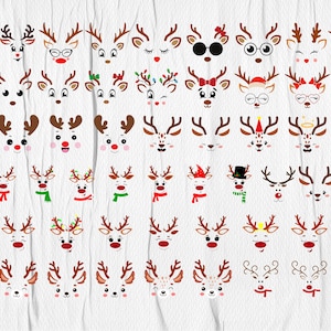 May include: A set of 48 digital clipart images featuring various reindeer faces with different expressions and accessories. The reindeer have brown antlers, white faces, and red noses. Some reindeer are wearing hats, glasses, bows, and other festive accessories.