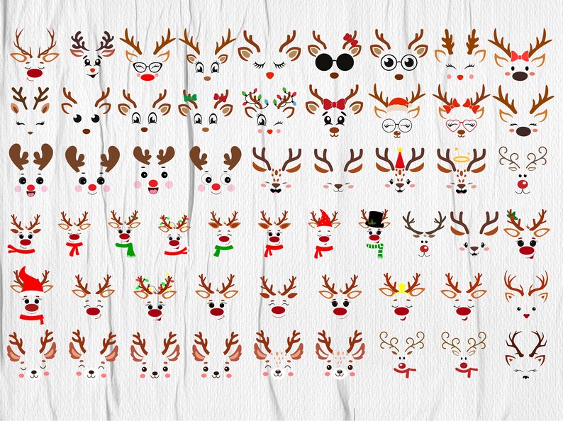 May include: A set of 48 digital clipart images featuring various reindeer faces with different expressions and accessories. The reindeer have brown antlers, white faces, and red noses. Some reindeer are wearing hats, glasses, bows, and other festive accessories.