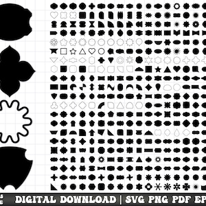 K&ouml;nnte beinhalten: Ein digitaler Download mit 400 schwarzen Basisform-Designs. Das Bild enth&auml;lt verschiedene Formen wie Herzen, Sterne und geometrische Formen. Der Text "DIGITALER DOWNLOAD" und Dateitypoptionen sind ebenfalls enthalten.