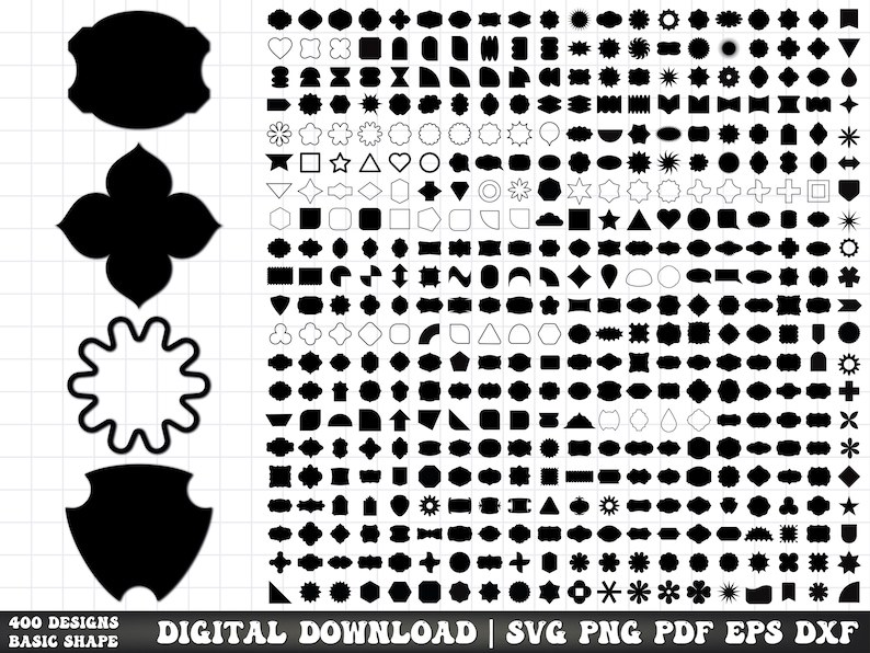 K&ouml;nnte beinhalten: Ein digitaler Download mit 400 schwarzen Basisform-Designs. Das Bild enth&auml;lt verschiedene Formen wie Herzen, Sterne und geometrische Formen. Der Text "DIGITALER DOWNLOAD" und Dateitypoptionen sind ebenfalls enthalten.