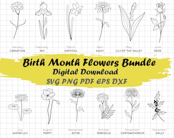 Paquete de archivos SVG de flores silvestres para el mes de nacimiento, diseños botánicos (descarga digital)