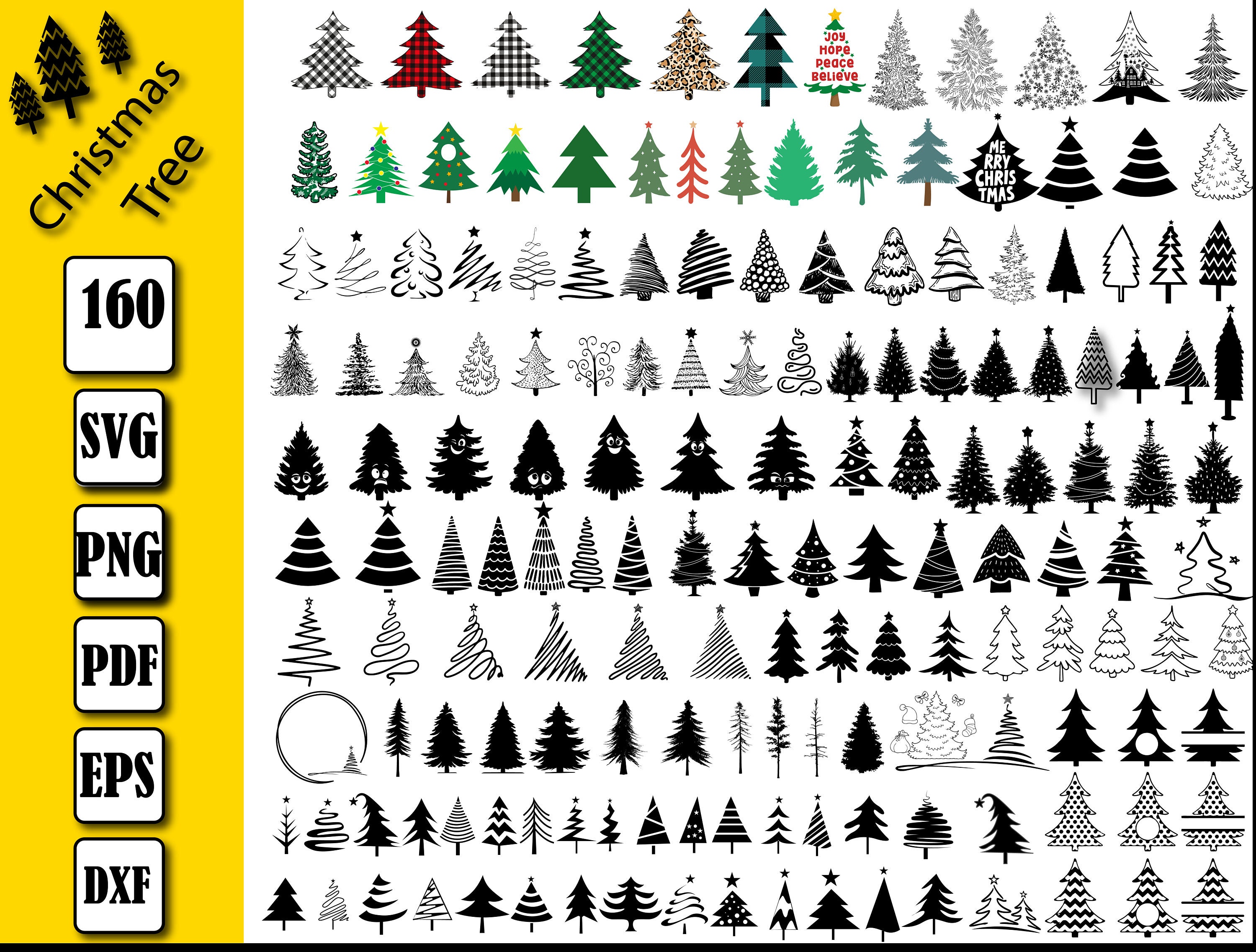 Pacote de PNG SVG DXF de árvore de Natal, svg de pinheiro, svg de Natal, svg desenhado à mão de pinheiro, enfeites de árvore de Natal, brincos de árvore de Natal svg