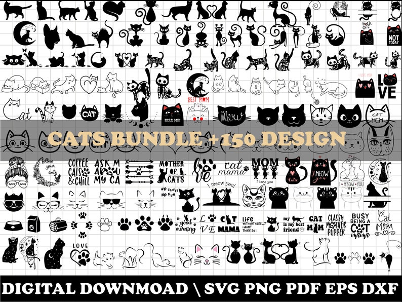 以下が含まれることがあります： SVG、PNG、PDF、EPS、DXF 形式の 150 を超える猫をテーマにしたデザインのデジタルダウンロードバンドル。デザインには、さまざまな猫のシルエット、足跡、および「Meow You」、「Cat Mom」、「Coffee Cats & Chill」などのテキストフレーズが含まれています。
