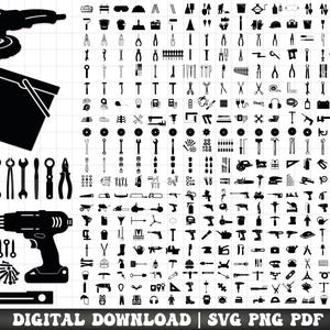 Puede incluir: Gráfico vectorial en blanco y negro de varias herramientas, incluyendo una lijadora, un cubo, llaves, alicates, un taladro, tornillos y un nivel. La imagen también incluye el texto "TOOLS DESIGNS DIGITAL DOWNLOAD | SVG PNG PDF EPS".