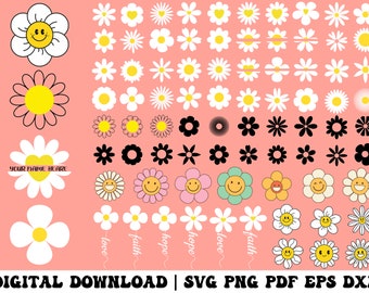 May include: A digital download of 60 daisy flower SVG cut files in various styles, including a daisy with a smiley face, a daisy with a heart, and a daisy with the words "love", "faith", and "hope".