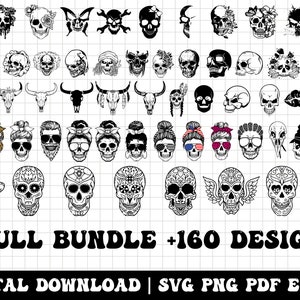 May include: A digital download bundle of over 160 black and white skull designs. The designs include various styles of skulls, including sugar skulls, floral skulls, and skull and crossbones. The text "SKULL BUNDLE +160 DESIGNS" is at the bottom of the image. The text "DIGITAL DOWNLOAD | SVG PNG PDF EPS AI" is at the bottom of the image.