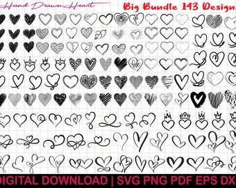 Coeur Svg Bundle, coeur Svg, svg coeur dessiné à la main, coeur ouvert Svg, Doodle coeur Svg, croquis coeur Svg, amour Svg, Valentine Svg, Cricut, Png, Dxf