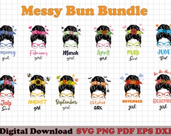 Messy Bun Girl SVG-paket, mammaliv, glasögon (digital nedladdning)