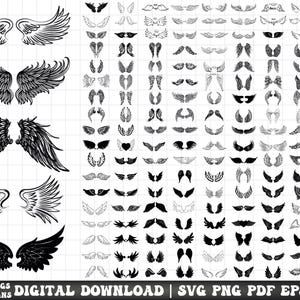 Op de afbeelding: Een verzameling van 160 engelenvleugelontwerpen in zwart en wit. De afbeelding toont verschillende vleugelstijlen, ideaal voor digitaal downloaden en knutselprojecten. Tekst: 'Angel Wings 160 Designs Digital Download'.