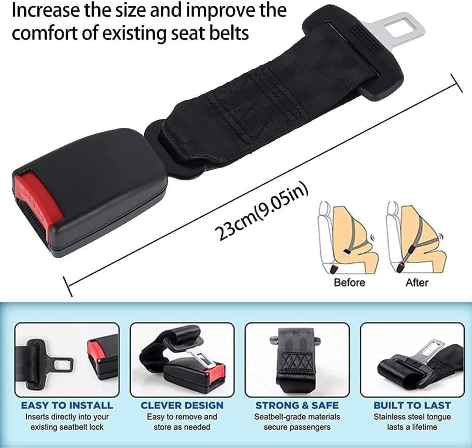 UK Car Seat Belt Extender Safety Buckle Clip Universal Adjustable BLACK
