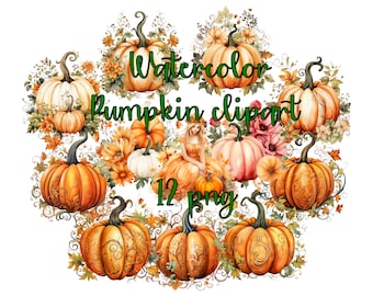 Könnte beinhalten: Aquarell-Kürbis-Clipart mit 12 PNG-Dateien. Die Kürbisse sind in verschiedenen Orangetönen gehalten und von grünen Blättern und Blumen umgeben.
