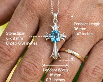 Blue Topaz Cross Pendant Necklace 925 Sterling Silver, Oval 6x8 mm Gemstone Cross, Religious Jewelry Gift, Christian Pendant for Women