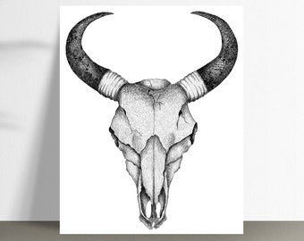 Zentangle Cow Skull Art Print | Pen and Ink Drawing | Anatomy Art | Skull Drawing | Home Decor | Wall Decor | 5x7 | 8.5x11