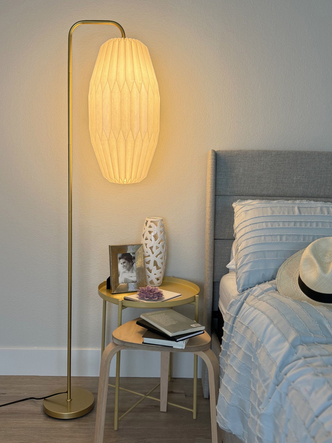 Brass Floor Lamp Oval Long Pleated Shade Lamp Bedside Lighting Living ...