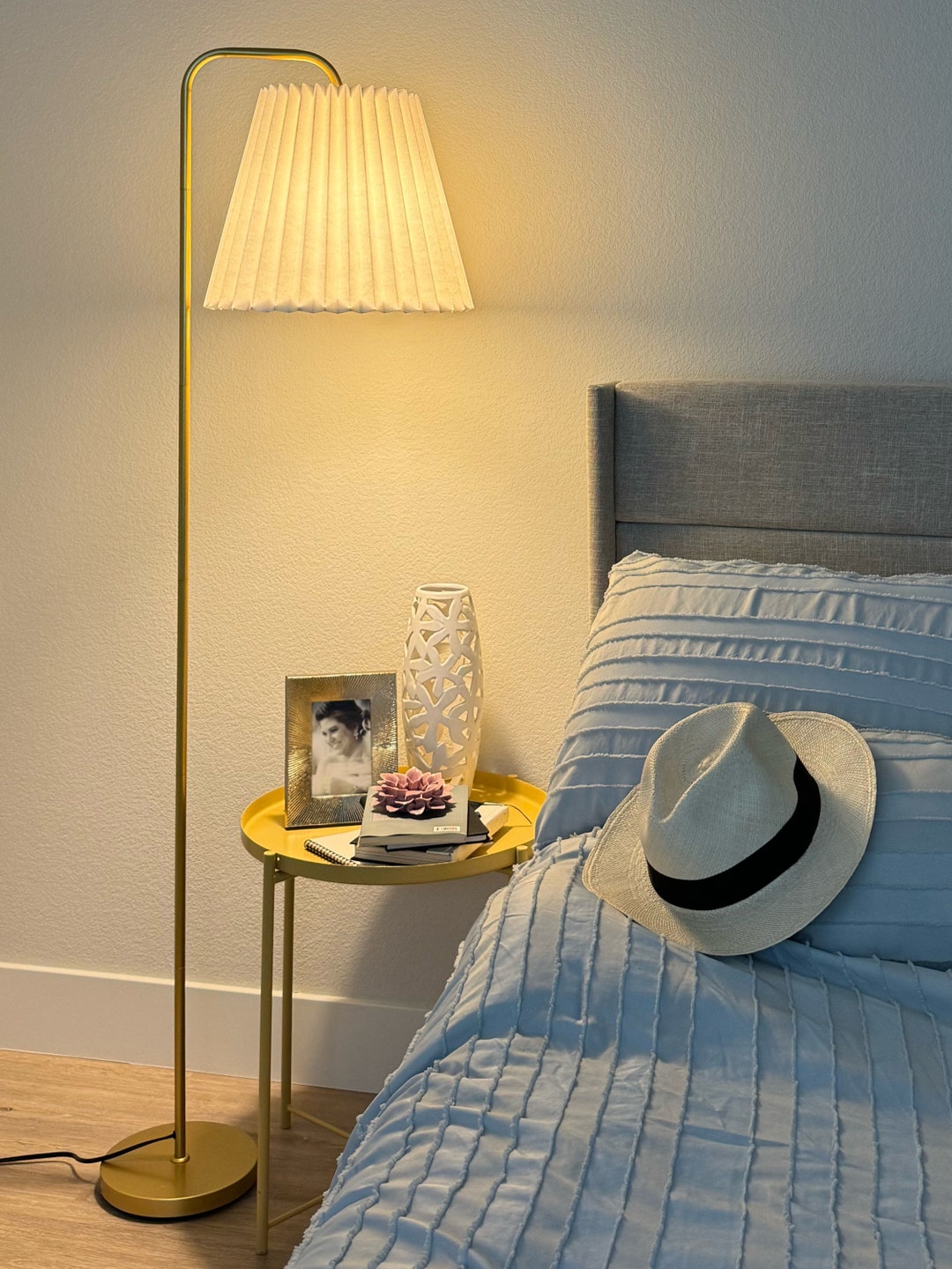 Brass Floor Lamp | Empire Pleated Shade Lamp | Bedside Lighting | Living Room Lighting | Mid ...