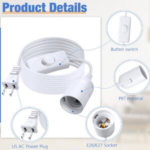 Pu&ograve; includere: Cavo elettrico bianco con un interruttore a pulsante, una spina di alimentazione americana e una presa E26/E27. Il cavo &egrave; avvolto e la presa &egrave; realizzata in materiale PBT.