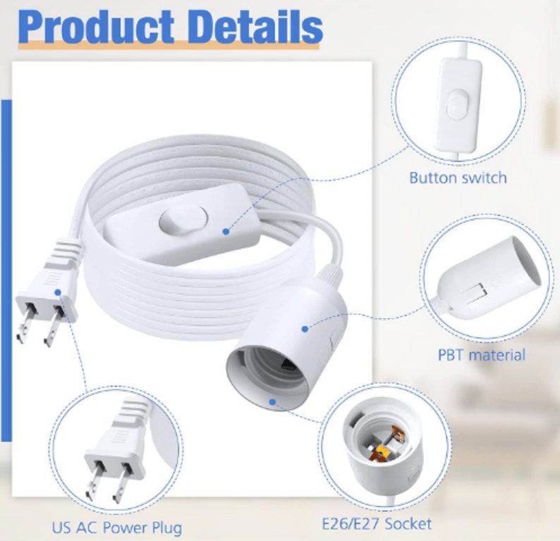 Pu&ograve; includere: Cavo elettrico bianco con un interruttore a pulsante, una spina di alimentazione americana e una presa E26/E27. Il cavo &egrave; avvolto e la presa &egrave; realizzata in materiale PBT.