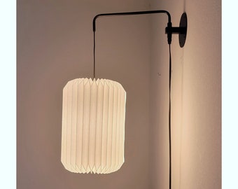 Black metal wall lamp with pleated origami lantern shade, Industrial modern lighting, bedside sconce, reading sconce, swing arm wall lamp.