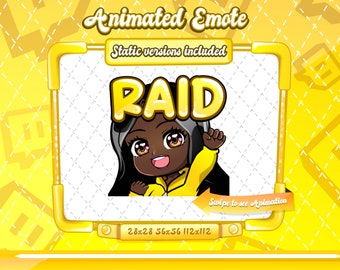 ANIMATED + STATIC EMOTE | raid chibi emote, Animated black haired Emote, raid emote, yellow raid chibi twitch emote, Black hair emote