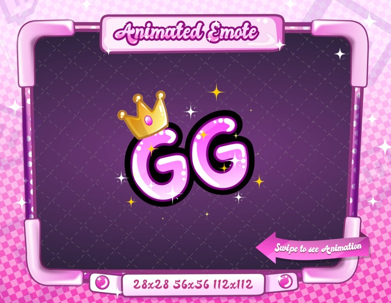 May include: Animated Emote graphic in a pink frame. The graphic shows the letters "GG" in pink with a gold crown. The background is a dark purple diamond pattern. Text at the bottom indicates sizes: 28x28, 56x56, 112x112.