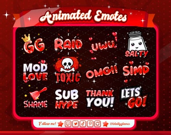 Rotes Text Emote Starter Pack | Animierte + Static, uwu Emote, Lets Go Emote, Raid, Sub Hype, Mod Love, Scham Glocke, Gg, zucken Emotes