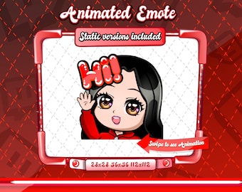 ANIMATED + STATIC EMOTE | Red chibi hi emote, Animated black haired Emote, hi emote, red hi chibi twitch emote, Black hair emote