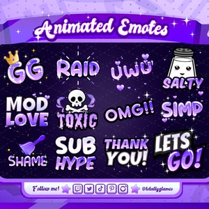 Purple text Emote starter Pack |  Animated + Static, uwu Emote, Lets Go Emote, Raid, Sub hype, Mod love, shame bell, Gg, twitch emotes