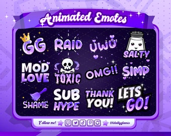 Lila Text Emote Starter Pack | Animiert + Statisch, uwu Emote, Lets Go Emote, Raid, Sub Hype, Mod Liebe, Schamglocke, Gg, zuckende Emotes