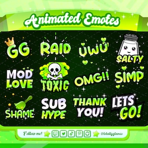 Green text Emote starter Pack |  Animated + Static, uwu Emote, Lets Go Emote, Raid, Sub hype,  Mod love, shame bell, Gg, twitch emotes