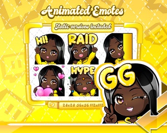 ANIMATED + STATIC EMOTES | Black girl emotes, Animated Black girl anime emotes, yellow twitch Emotes, Black Emotes for Twitch Streamers