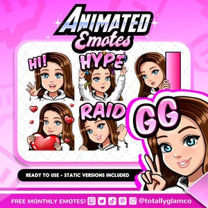 ANIMATED + STATIC EMOTES | Cartoon glam emotes, Animated brown straight hair emotes, brown hair girl twitch Emotes, Emotes for Streamers