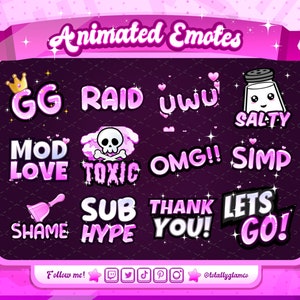 Pink text Emote starter Pack |  Animated + Static, uwu Emote, Lets Go Emote, Raid, Sub hype,  Mod love, shame bell, Gg, twitch emotes