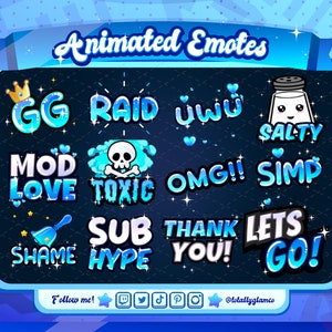 Blue text Emote starter Pack |  Animated + Static, uwu Emote, Lets Go Emote, Raid, Sub hype,  Mod love, shame bell, Gg, twitch emotes