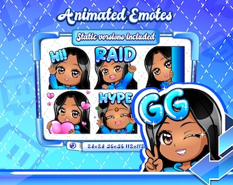 ANIMATED + STATIC EMOTES | Latina chibi glam emotes, Animated latina emotes, latina blue twitch Emotes, latina Emotes for Twitch Streamers