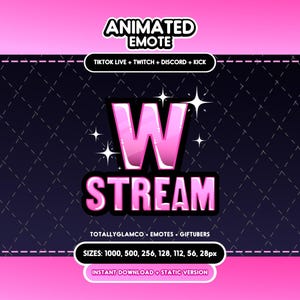 Può includere: Grafica di emote animata con una "W" rosa e la parola "STREAM" in grassetto. Lo sfondo è blu scuro con un motivo a rombi. Il testo include "TIKTOK LIVE + TWITCH + DISCORD + KICK" e "SIZES: 1000, 500, 256, 128, 112, 56, 28px".
