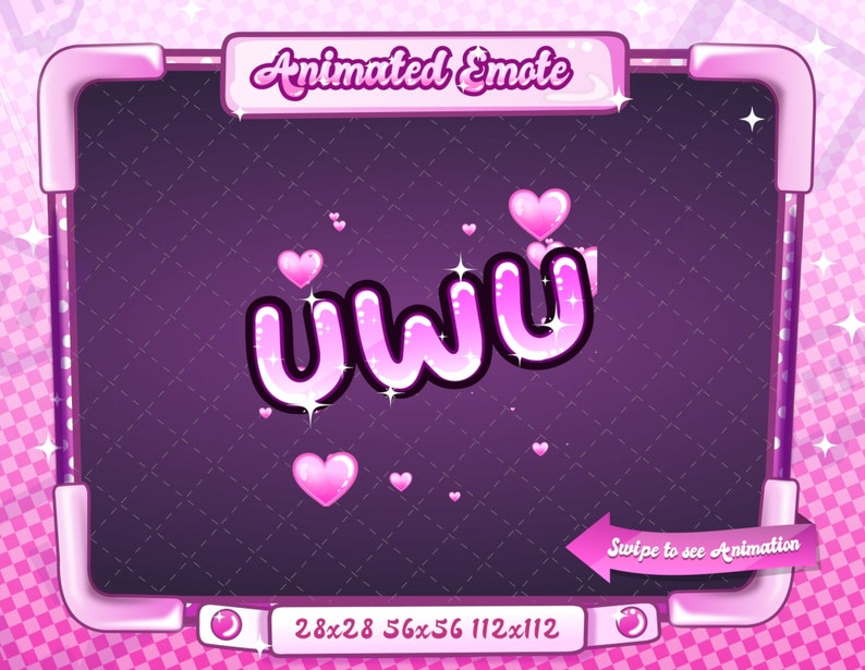 May include: A digital graphic with the text "Animated Emote" at the top. The word "uwu" is in the centre, surrounded by pink hearts. The background is a dark purple diamond pattern, framed in pink.