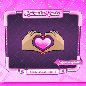 May include: Animated emote with a pink heart in the center of two hands forming a heart shape. The emote is in a purple frame with the text "Animated Emote" at the top and "Swipe to see Animation" at the bottom. The frame has a white border and a pink background.