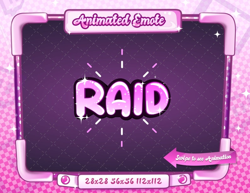 May include: Animated emote graphic featuring the word "RAID" in pink bubble letters, set within a pink frame. The frame includes the text "Animated Emote" and "Swipe to see Animation". The background is a dark purple colour.