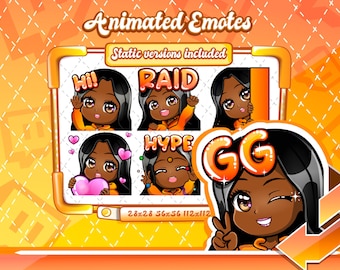 ANIMIERTE + STATISCHE EMOTES | Chibi Emotes, schwarzes Mädchen Emotes, animierte schwarzes Mädchen Anime Emotes, orangefarbene zuckende Emotes, Twitch Emotes, Chibi
