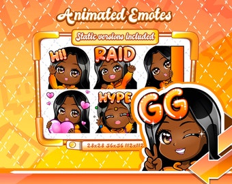 ANIMIERTE + STATISCHE EMOTES | Chibi Emotes, schwarzes Mädchen Emotes, animierte schwarzes Mädchen Anime Emotes, orangefarbene zuckende Emotes, Twitch Emotes, Chibi