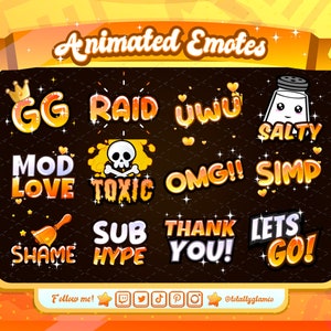 Orange text Emote starter Pack |  Animated + Static, uwu Emote, Lets Go Emote, Raid, Sub hype,  Mod love, shame bell, Gg, twitch emotes