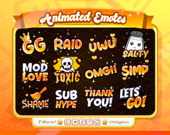 Orange text Emote starter Pack |  Animated + Static, uwu Emote, Lets Go Emote, Raid, Sub hype,  Mod love, shame bell, Gg, twitch emotes