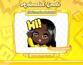 ANIMATED + STATIC EMOTE | hi chibi emote, Animated black haired Emote, hi emote, yellow hi chibi twitch emote, Black hair emote, chibi emote