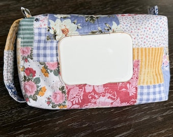 Handmade Floral Patchwork Travel Diaper Wipes Pouch | Cotton Clutch Organizer | Quilted