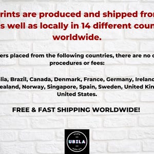 The image is a promotional text for a company that produces and ships prints worldwide. It states that the prints are produced and shipped from the US and 14 different countries, and there are no customs procedures or fees for orders placed from these countries. The company also offers free and fast shipping worldwide.