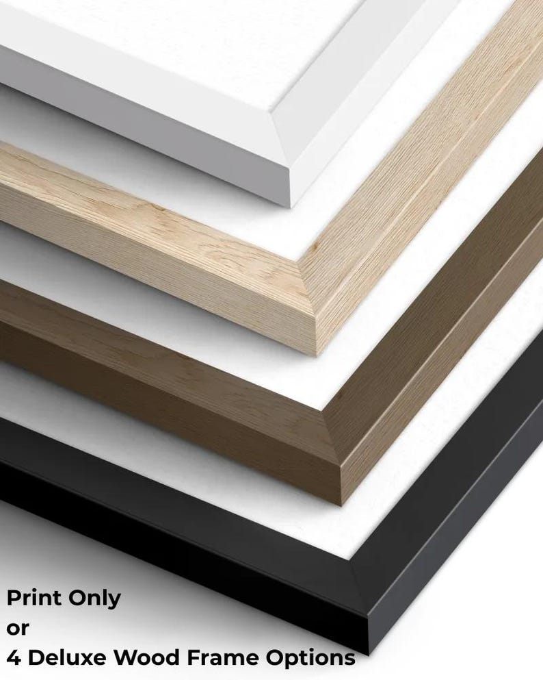a variety of wood frame options, including white, light brown, dark brown, and black frames.